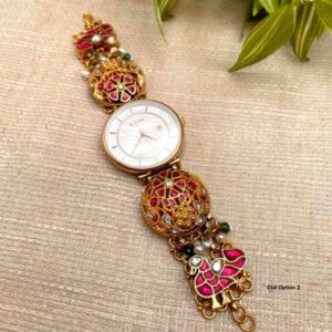 Silver Watch with beautifully carved kundan set floral and peacock motifs and some stones and pearls. The dial is of Original TITAN company, comes with a warranty card. Length of the watch is custom made according to the wrist size.