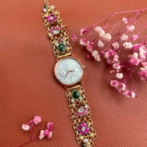 Silver Gold plated watch with kundan and floral motifs and pearls and stones made in 925 pure silver