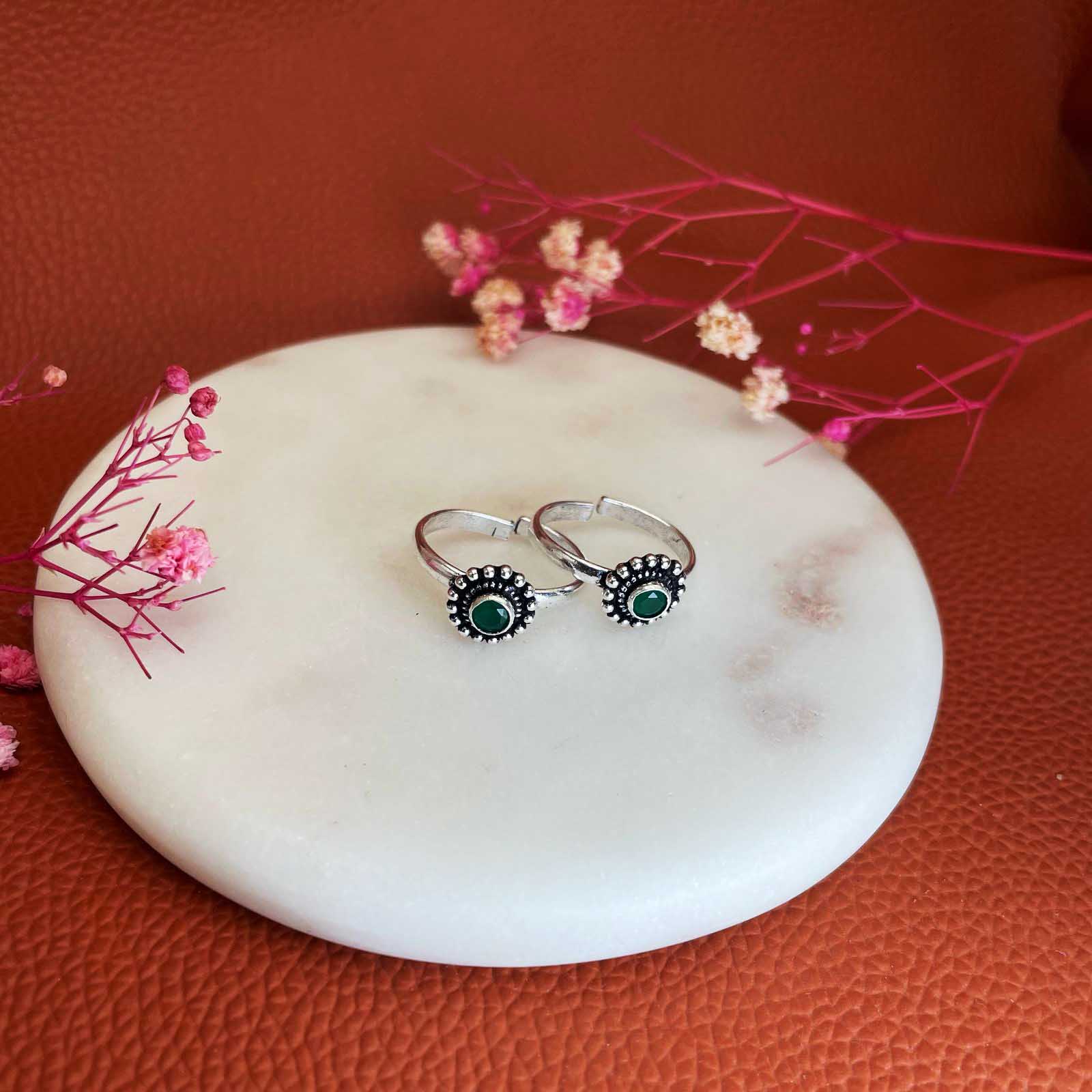 FLORAL SILVER green STONE TOE RING