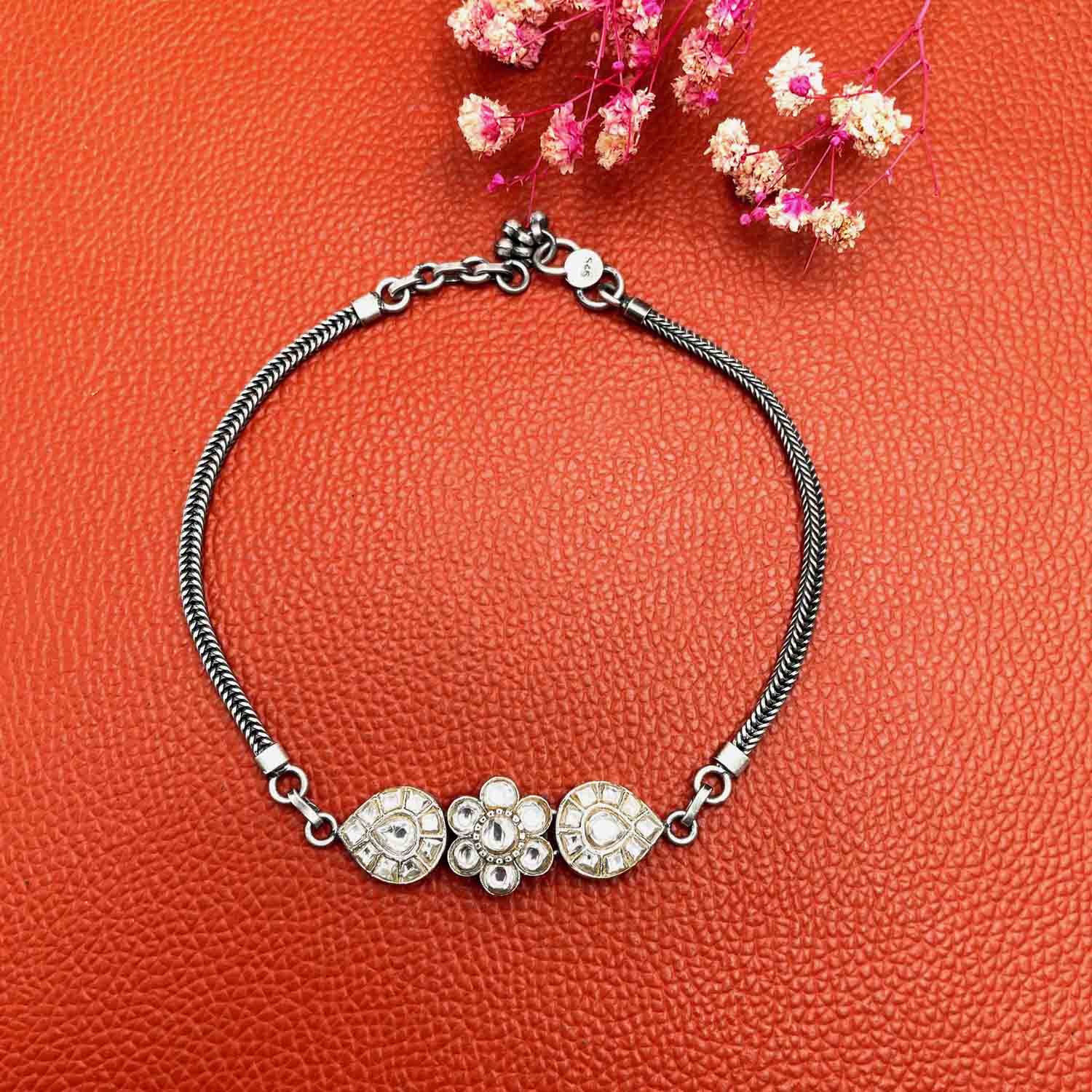 Floral Kundan silver anklet