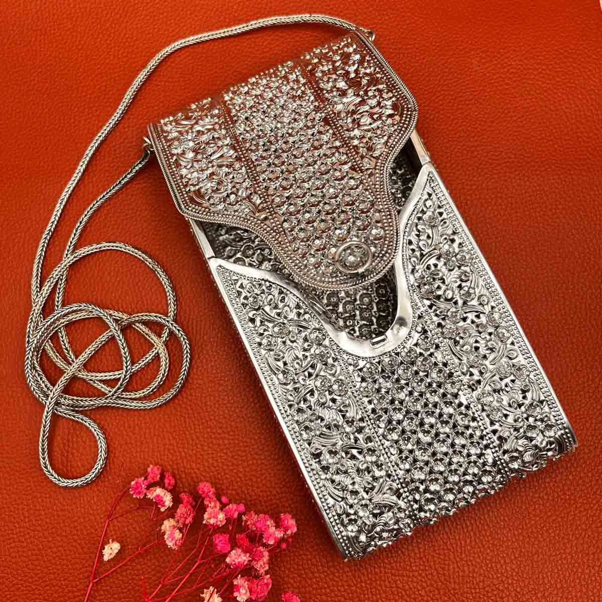 Silver Mobile Purse with Long Silver Chain – 925 Sterling Silver