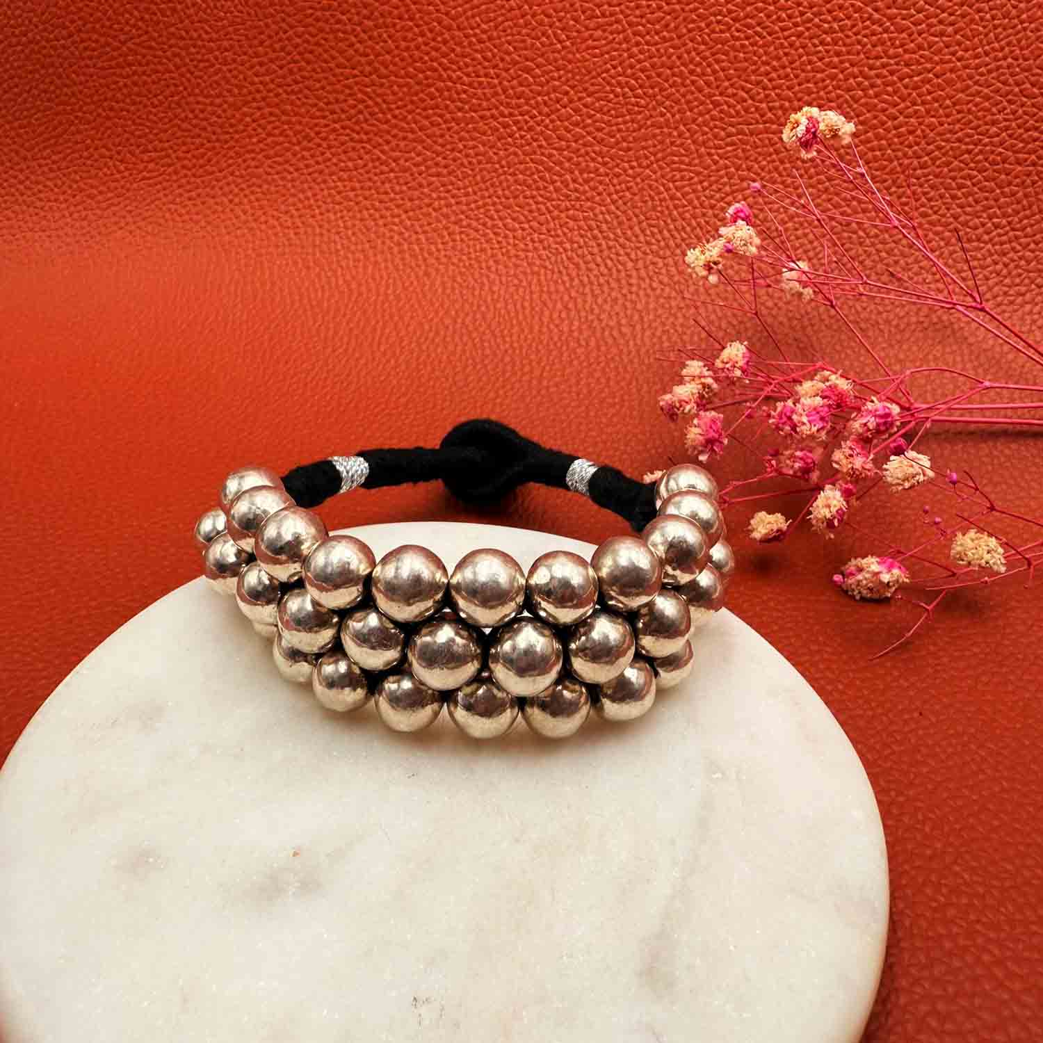 Round Dholki bead Silver bracelet