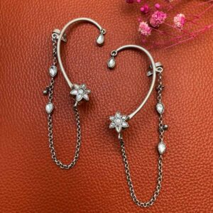 Floral white Kundan silver earcuff