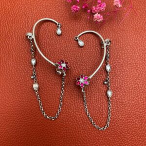 Floral pink Kundan silver earcuff