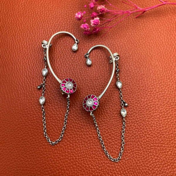 Flower Pink Kundan silver earcuff