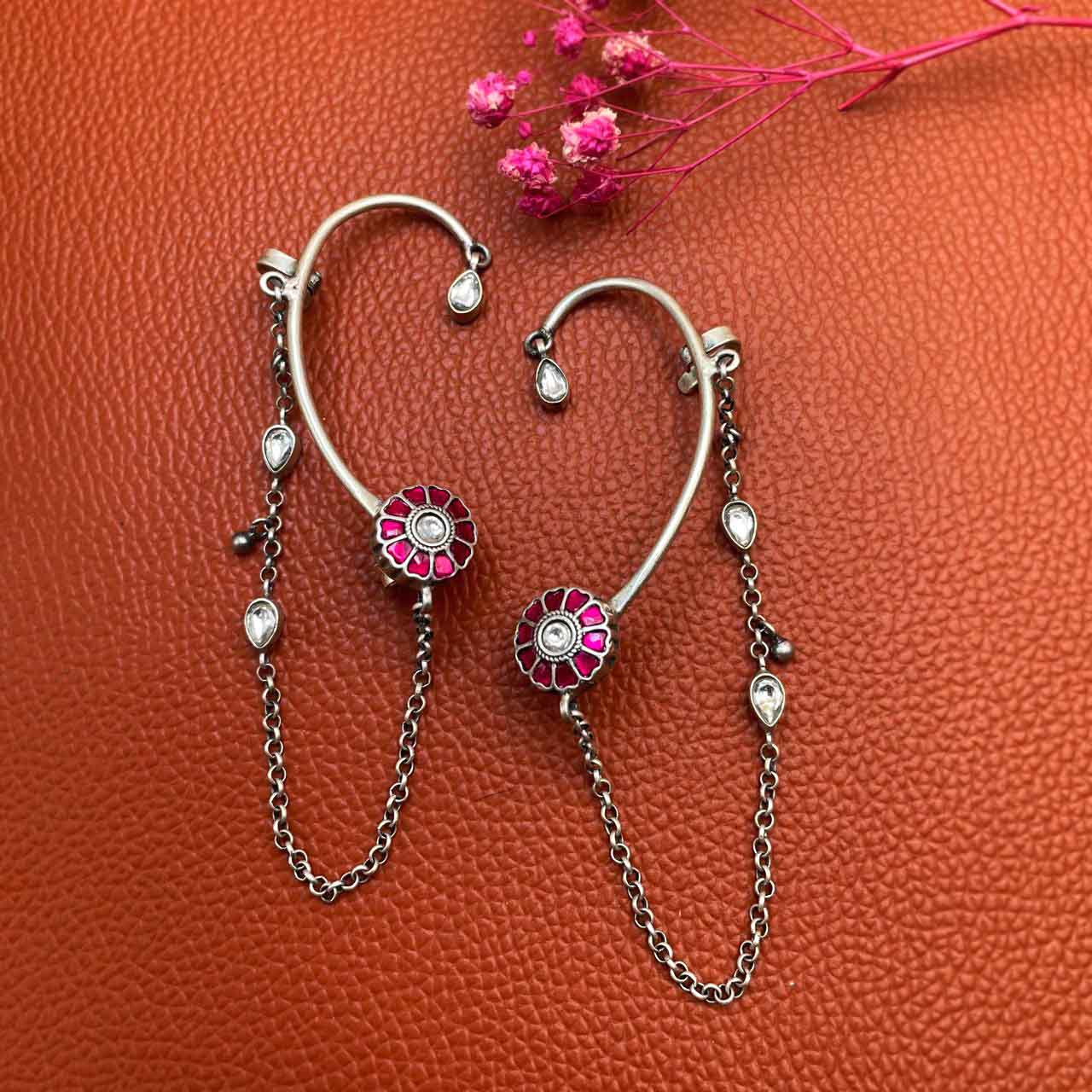 Flower Pink Kundan silver earcuff