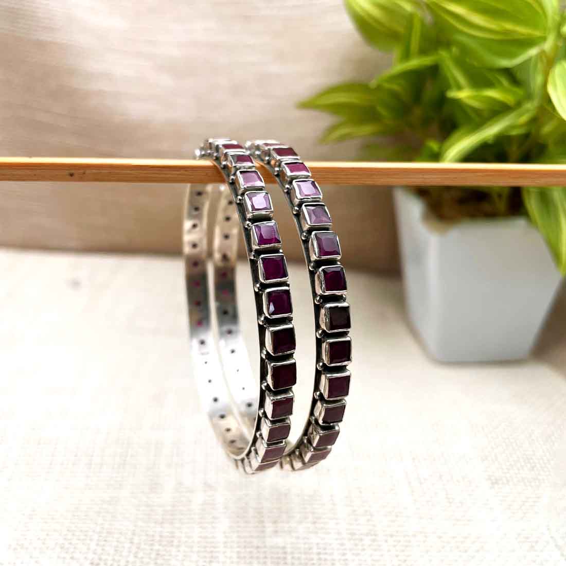 Pink AD Stone Silver Bangles