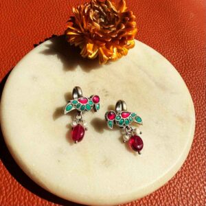 Mor Silver Earclip - Pink kundan & Turquoise